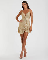 Gold Sequined Faux Wrap Ruffled Hem Mini Dress